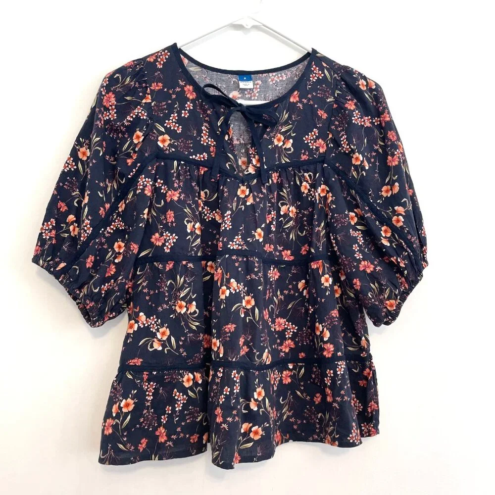 OLD NAVY Puff Sleeve Floral Tiered Swing Blouse Navy Blue Short Sleeve Peasant S
